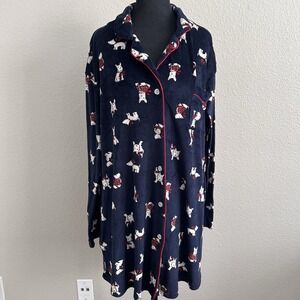 Laura Ashley Large Sleep Shirt  Nightgown Long Sleeve Navy Velour Scottie Dogs